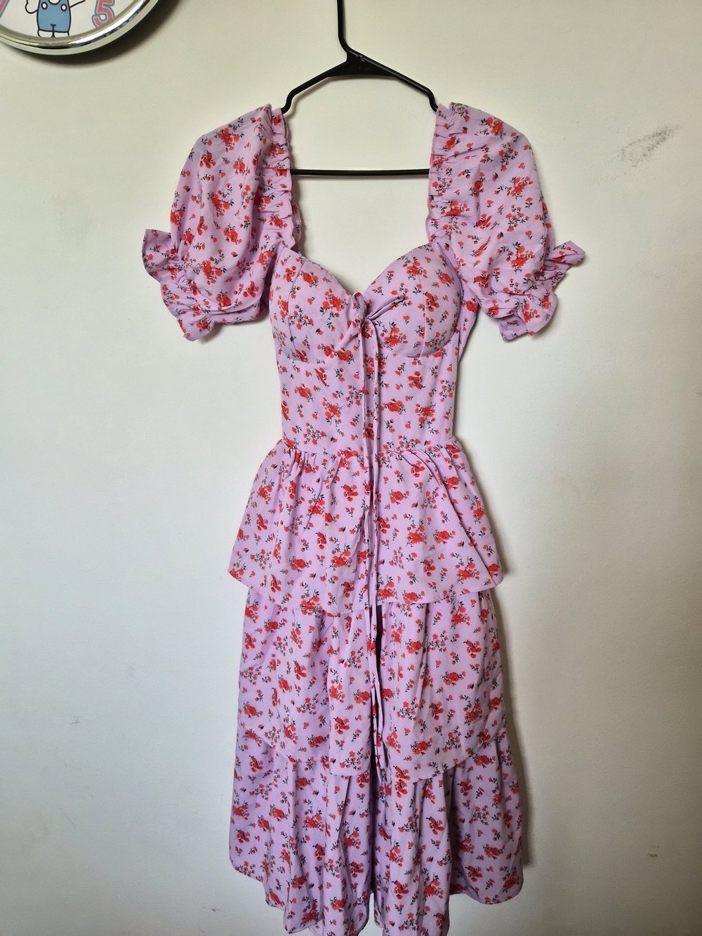 Pink Floral Puff-Sleeve Midi Dress